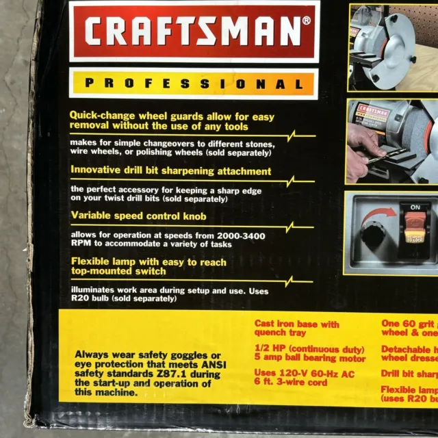 NOS Craftsman Professional 8" Bench Grinder Variable Speed 120V 1/2 H.P. 9 21162 2