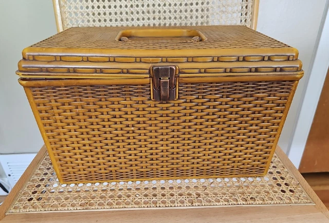 Vintage Wil-Hold Sewing Box Brown Basket Weave 2 Trays