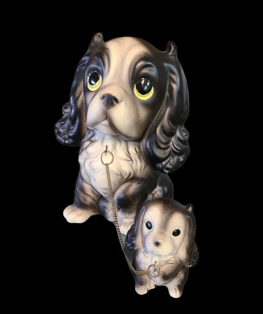 Vintage Cocker Spaniel Dog with 1 Puppy on Chain ~ Ceramic Figurines ~ Japan
