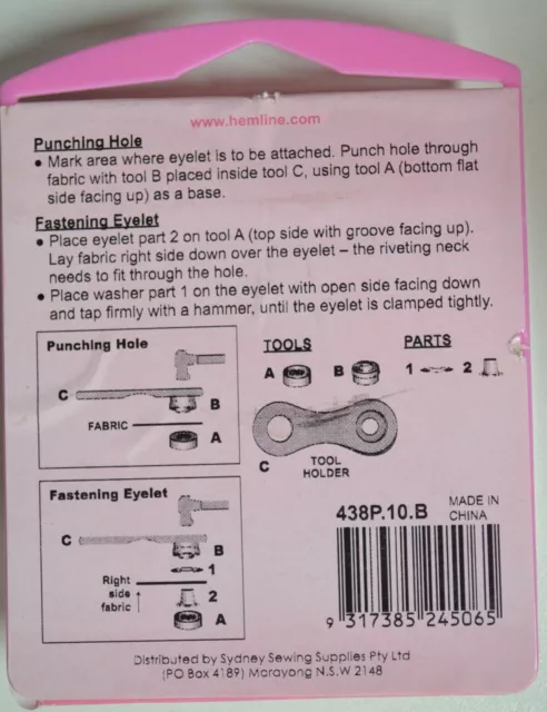 Hemline Eyelets, Tool Included, Large 10.5mm, 15 Eyelets, Directions On Pack 2