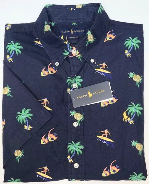 Polo Ralph Lauren Short Sleeve Shirt Navy Blue Surfing 100% Cotton Oxford $98