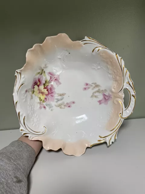 Antique Handled Large Serving Bowl Peach Floral  Gilded