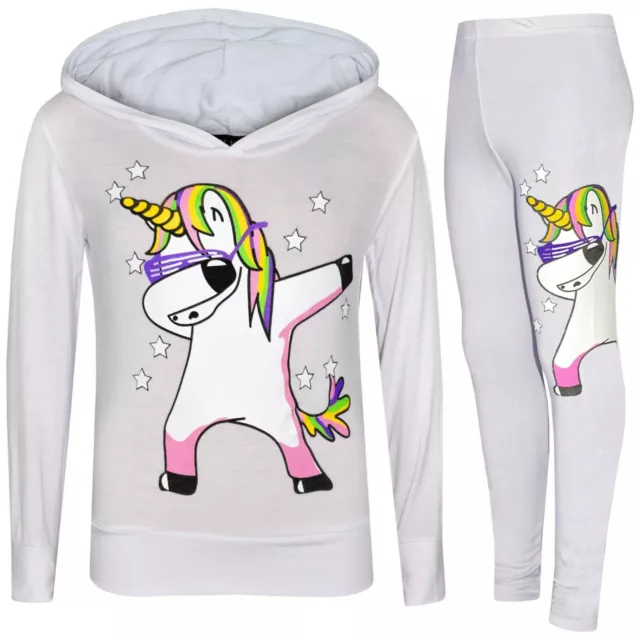Bambine Arcobaleno Unicorn Bianco Cappuccio DAB Floss Top Set Leggings Tuta 7-13