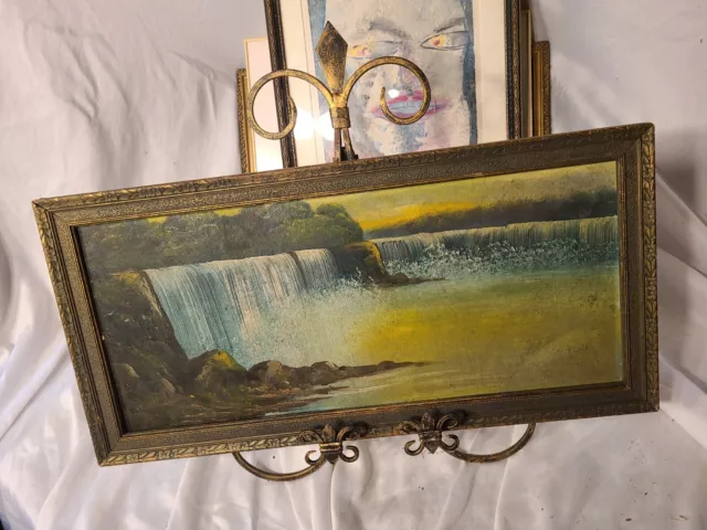 Antique Oil on Board Niagra Falls Waterfall Oil on Board- 19-3/4 X 9-7/8" Framed