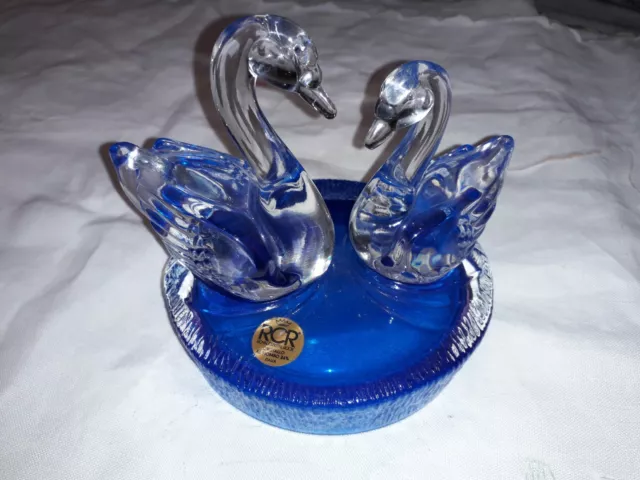 Rare Rcr(Royal Crystal Roc) Blue Base Swans Paperweight Figurine Ornament