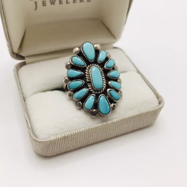 Vintage Navajo Turquoise Petit Point Cluster Sterling Silver Ring Size