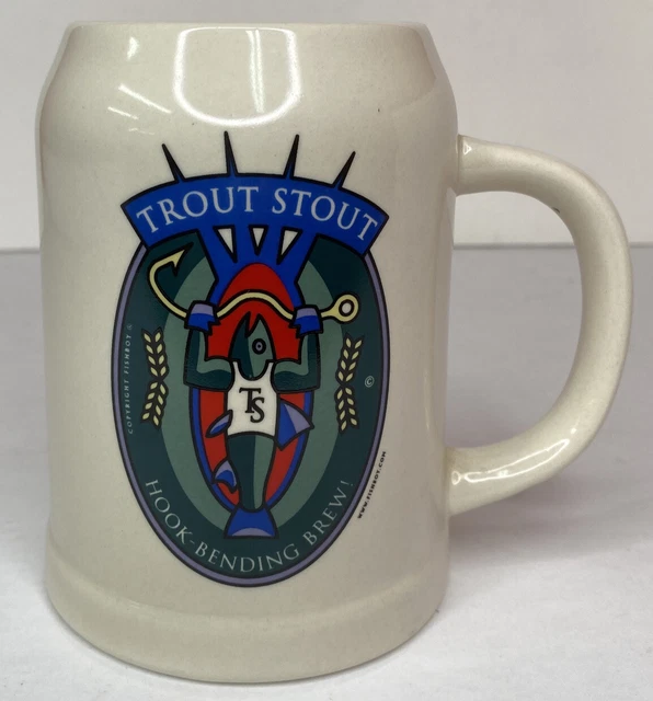 Vtg Lg BEER STEIN MUG Crockery TROUT STOUT Hook Bending Brew CEDAR KEY Fish boy