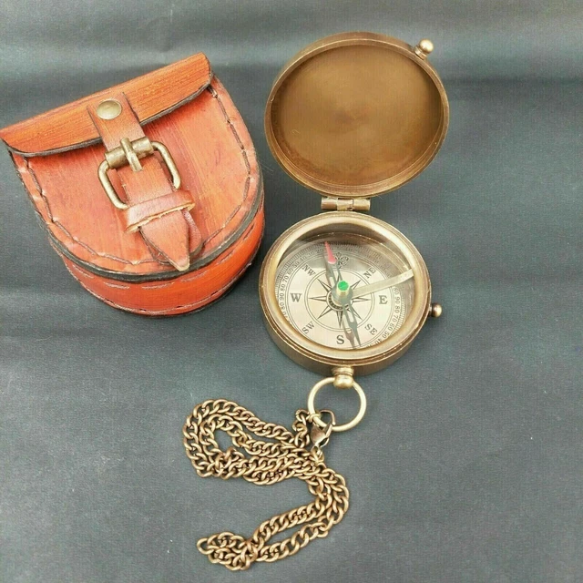 Vintage Brass Compass Engraved Poem Pocket gift Compass With Leather Case