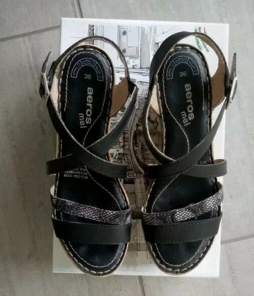 Sandales Compensées AEROS Besson - Cuir - Talon 7 Cm - Pointure 36 - Neuves En Boîte