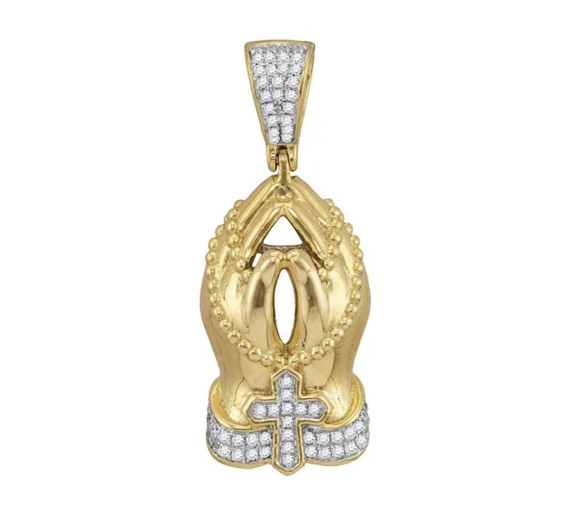 10k Yellow Gold Mens Round  Diamond Rosary Praying Hands Charm Pendant 1/4 Cttw