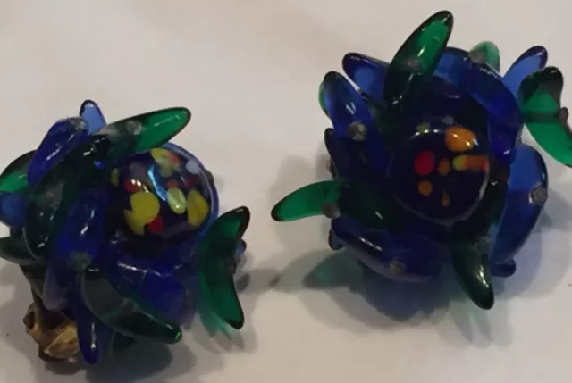 Vtg '60's Earrings Fish Whale Tail Art Glass Beads Cluster Around Center Bead
