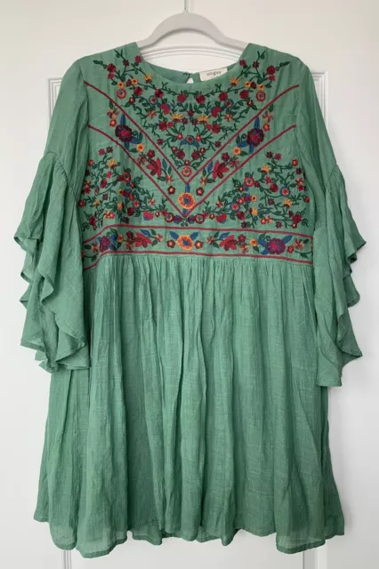 Umgee Womens Mini Dress Size Medium Floral Embroidered Boho Flowy Green Lined