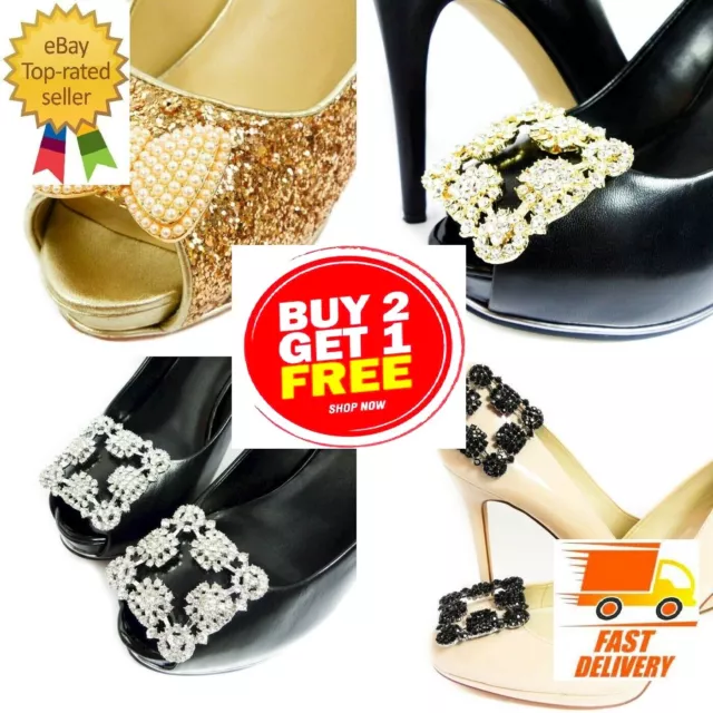 New Diamante Rhinestone Crystal Decorative Pearl Gold Shoe Clips Bow Pair Buckle