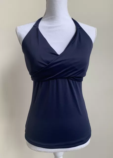Athleta Bra Cup Wrap Tankini Swim Top Sz 34D/DD Navy Blue Underwire Back Ties
