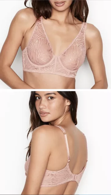 NWT Victorias Secret Luxe Lingerie Unlined Plunge Bra Cheeky Set Lace Hot  Pink