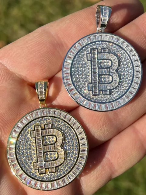 Solid 925 Silver 14K Gold Plated Bling Out BITCOIN CZ Hip Hop Pendant Necklace