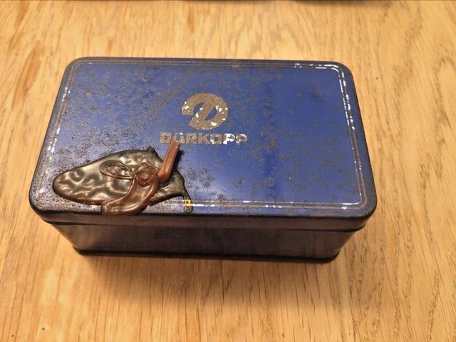 Durkopp Vintage German Sewing Hinged Lid Blue Tin 5" X 3" X 3" Collectable Tins
