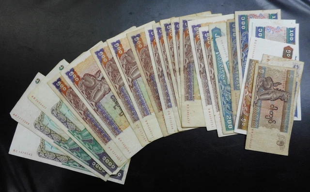 24 Burma Myanmar banknotes, 5, 10, 50, 100, 200, 500, 1000 Kyat Wholesale lot