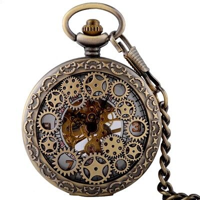 Antique Steampunk Gears Mechanical Pocket  Skeleton Watch Chain Pendant Windup