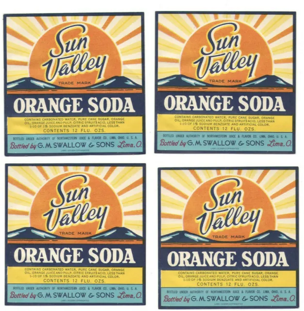4 Vintage 'Sun Valley Orange Soda' Bottle Paper Labels! Unused! Lima, Ohio! Nos