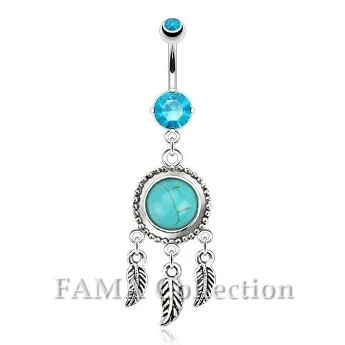 FAMA Dream Catcher with Turquoise Semi Precious Stone & Leaves Dangle Belly Ring