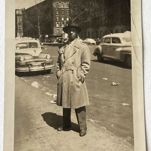 Vintage B&W Snapshot Photograph Handsome Black African American Man Coat Fedora