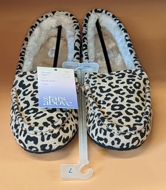 STARS ABOVE Women's Gemma Suede Moccasin Leather Slippers Leopard Brown Size 7