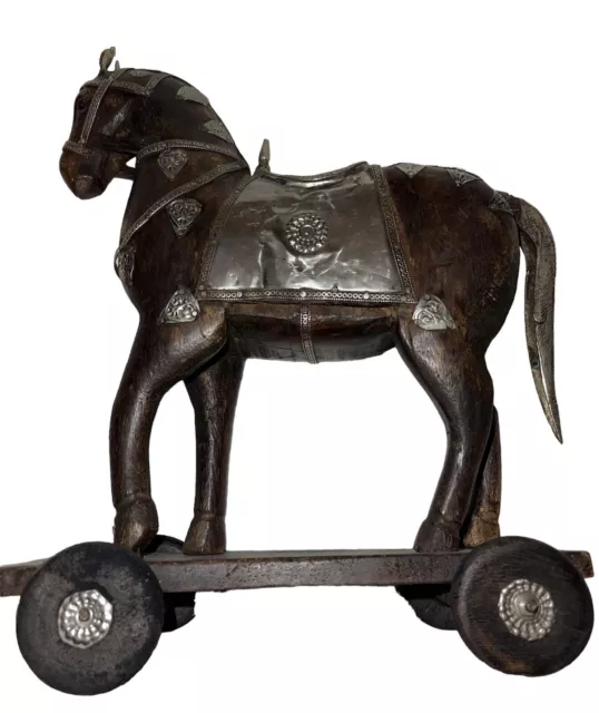 Antique, ￼1900s Hand Carved Wooden Armored Horse  adorn with Silver, Brass . ￼ ￼