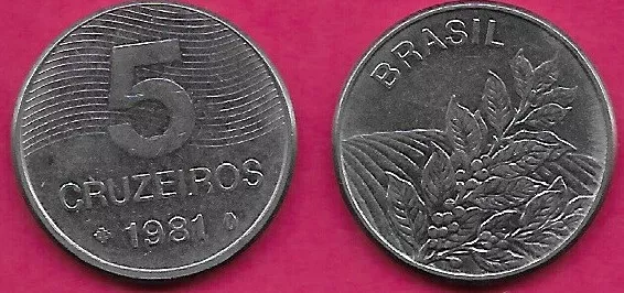 Brazil 5 Cruzeiros 1981 Xf Coffee Plant,Denomination Above Date,Linear Design