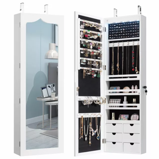 Wall Door Mounted LED Mirror Jewelry Cabinet Lockable Armoire w/6 Drawers White