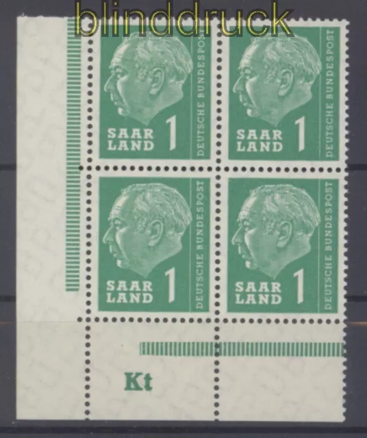 Saarland OPD Mi # 380 DZ Druckerzeichen "Kt" postfrisch 4er-Block Heuss I(49591)