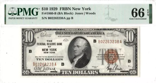 $10 1929 Frbn New York Fr 1860-B Pmg 66 Epq