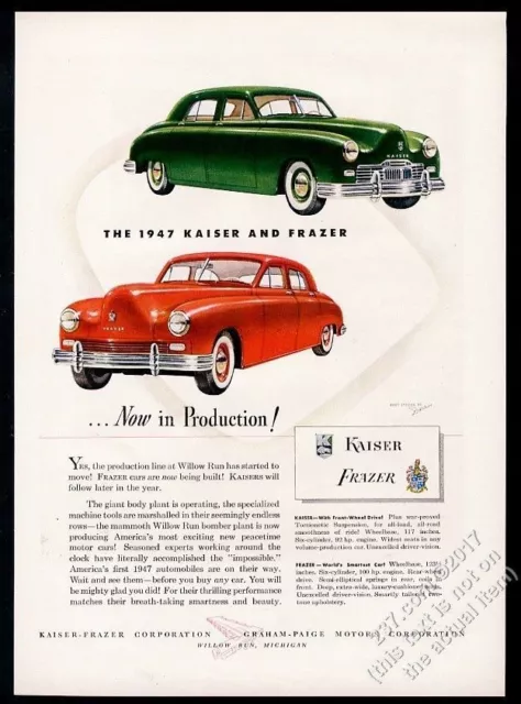 1947 Kaiser Frazer red and gren car art vintage print ad