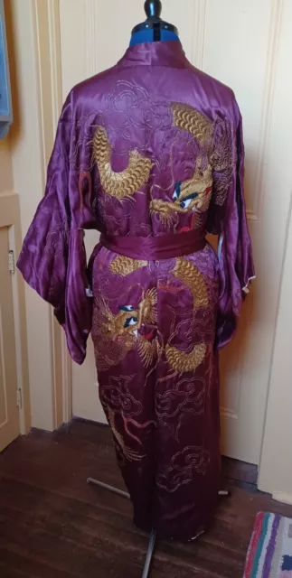 Vintage Purple Silk Twin Fighting Dragons Kimono Chinese Gold Bullion Embroidery