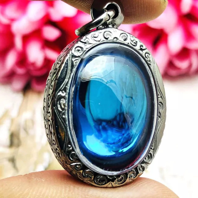 Leklai Toffy Buddha Naga Eye Healing Stone Crystal Blue Lucky Thai Amulet #7406 2