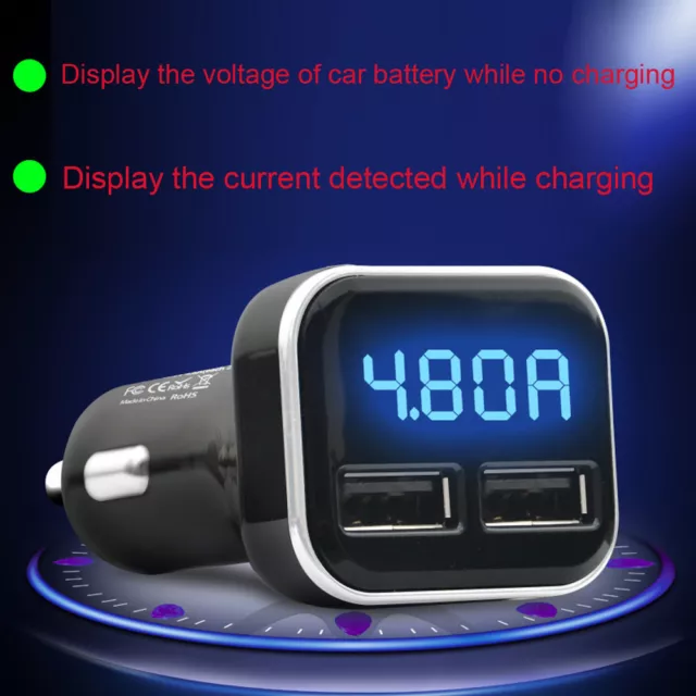 Caricabatterie Sigarette Auto Doppio USB con Display LED Volt Amp Metro DC 4.8A 5V Home U 3