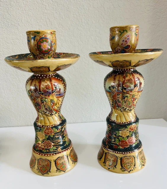 Antique Large Royal Satsuma Japanese Candle Stick Holders With Moriage