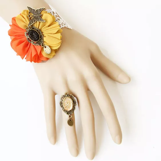 BRACELET dentelle blanche Fleur JAUNE ORANGE papillon et strass + BAGUE réglable