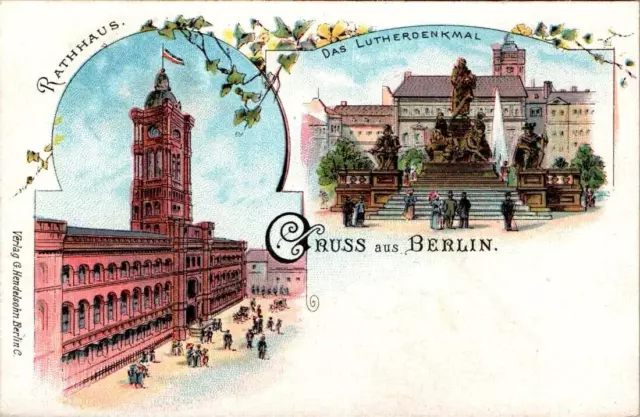 LITHO GRUß AUS BERLIN RATHAUS + LUTHERDENKMAL 2 BILD COL. UM 1900