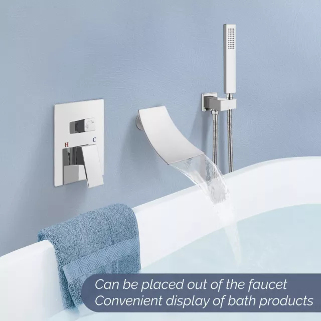 Waterfall Bathtub Faucet Brushed Finish Wall Mount Tub Filler Faucet&Hand Shower