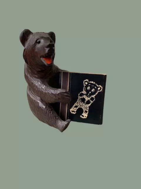 Vintage carved wood Black Forest BEAR sitting with Little Bear Inn Matches