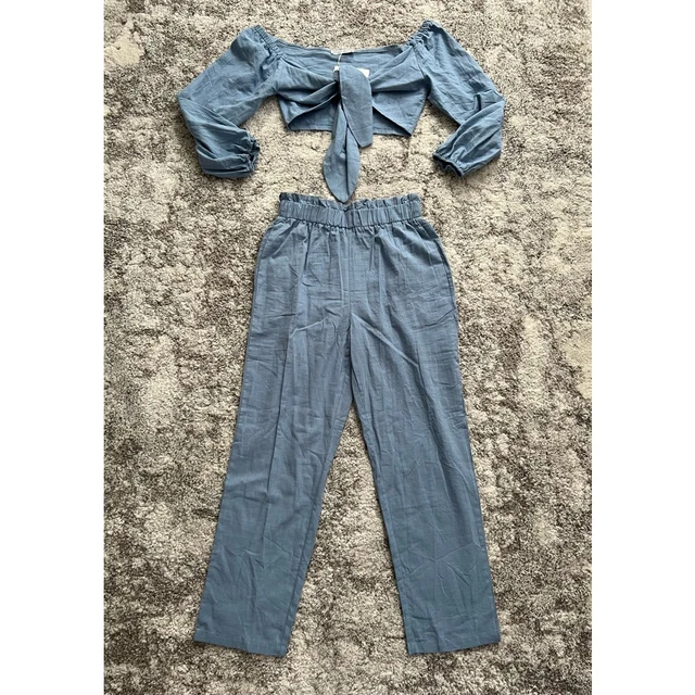 Glamaker Womens Outfit Set Crop Top Pants 2 Piece Solid Blue 100% Cotton L New