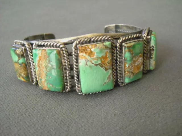 T. JON Native American Navajo Damele Turquoise Row Sterling Silver Bracelet