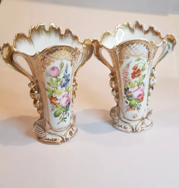 Vieux Paris Porcelain Mantle Spill French gilt hand painted Antique vase pair