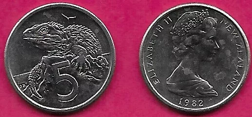 NEW ZEALAND 5 CENTS 1982 UNC TUATARA(Sphenodon punctatus)AND DENOMINATION,THE TU