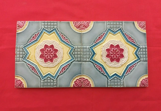 2 Piece Old Art Flower Design Majolica Ceramic Tiles Japan 0035