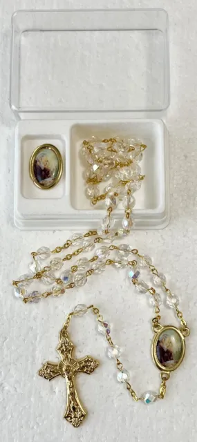 Italian St Padre Pio Faceted AB Crystal Beads Gold Plated Rosary & Lapel Pin Set