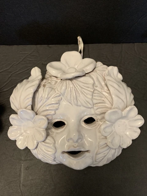 Sicilian Italian Majolica Art Pottery Cherub Flowers Face Mask Wall  Hanging VTG