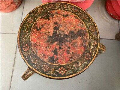 Antique Wood Painted Bikaner State Round Beautiful Table Stool Rich Patina 4