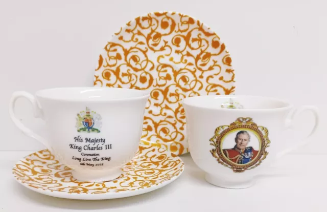 HM King Charles III Set of 2 Tea Cups & Saucers York Fine Bone China Coronation